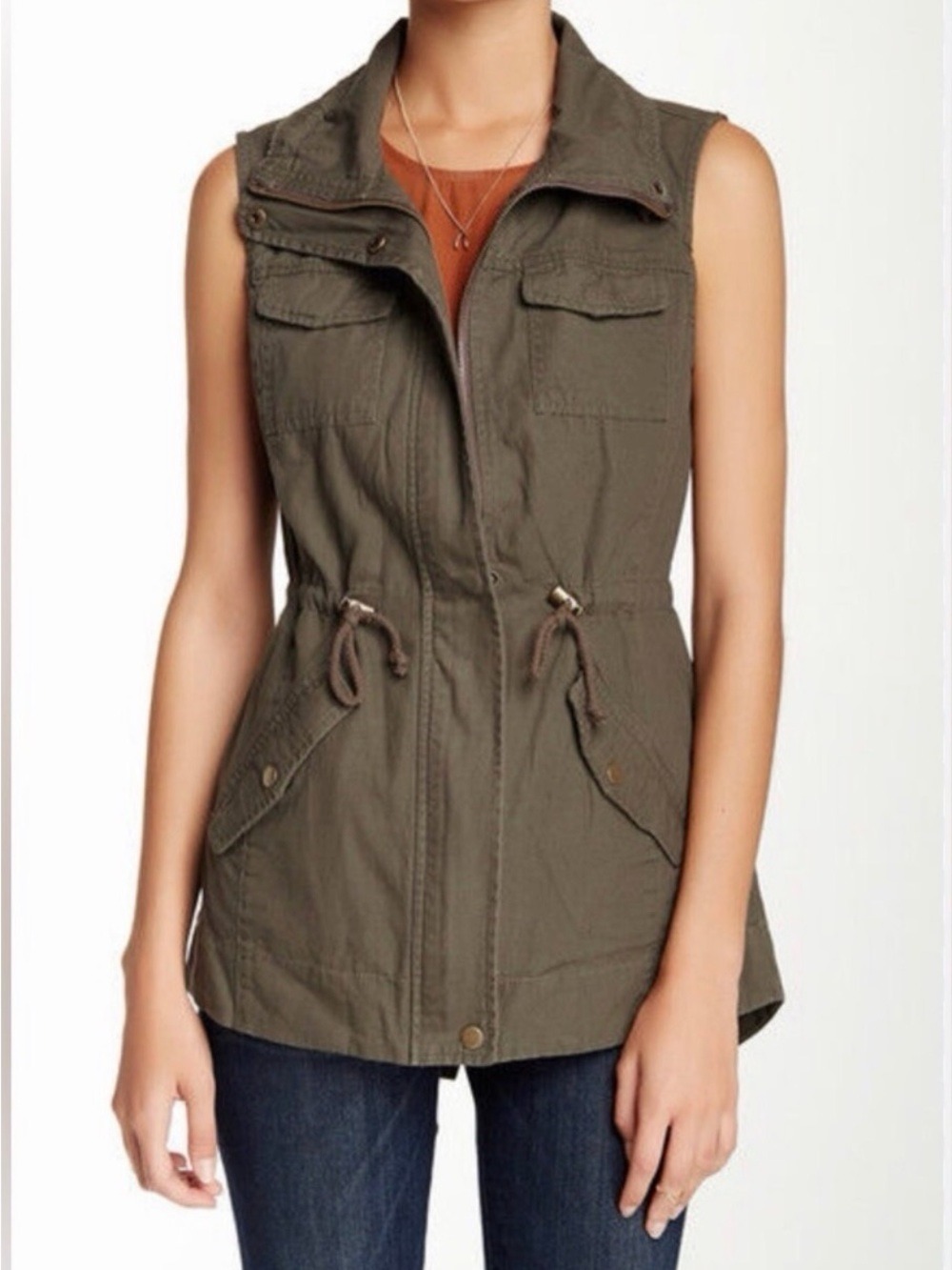 Sebby Sleeveless Utility Vest with Drawcord Dark Olive Green